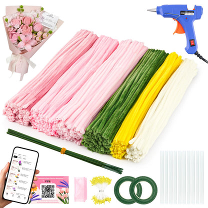 YONOVO 500 Pcs Pink Pipe Cleaner Flower Kit - Complete Set for DIY Flower Making, 8mm Thick 12 Inches Pastel Chenille Stems with Hot Glue Gun and Tutorials for Teens and Adults