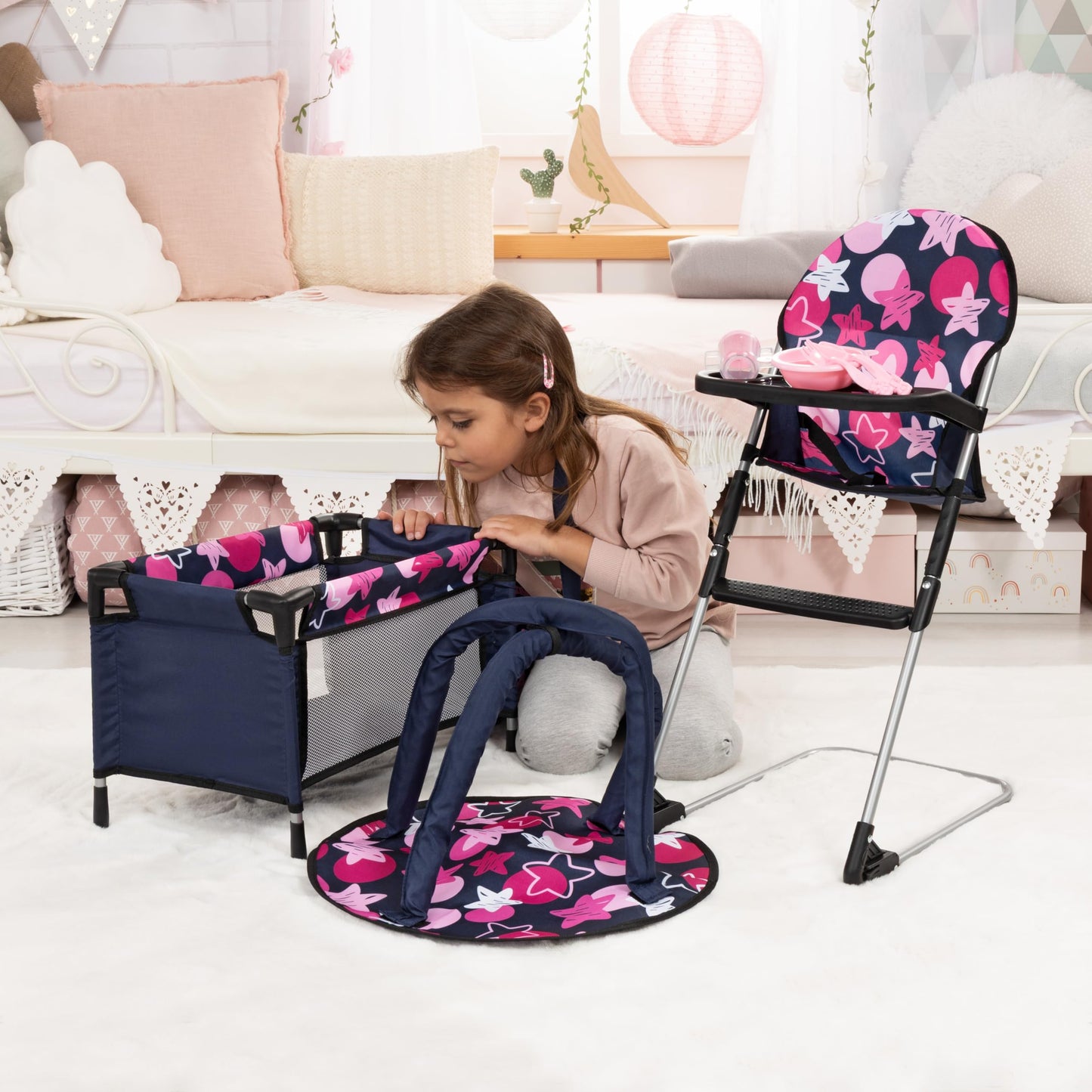 Bayer Real Life Baby Doll Accessories - 9-in-1 Furniture Set with Highchair, Travel Bed, Dining Set