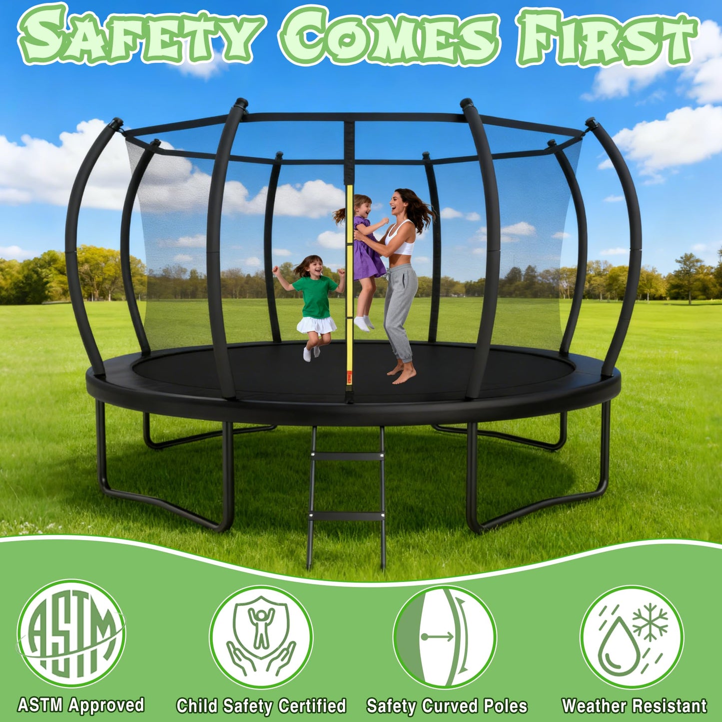 14FT Trampoline Outdoor for Kids with Safety Enclosure Net and Ladder, ASTM Approved Recreational Trampoline, Rust-Resistant Frame