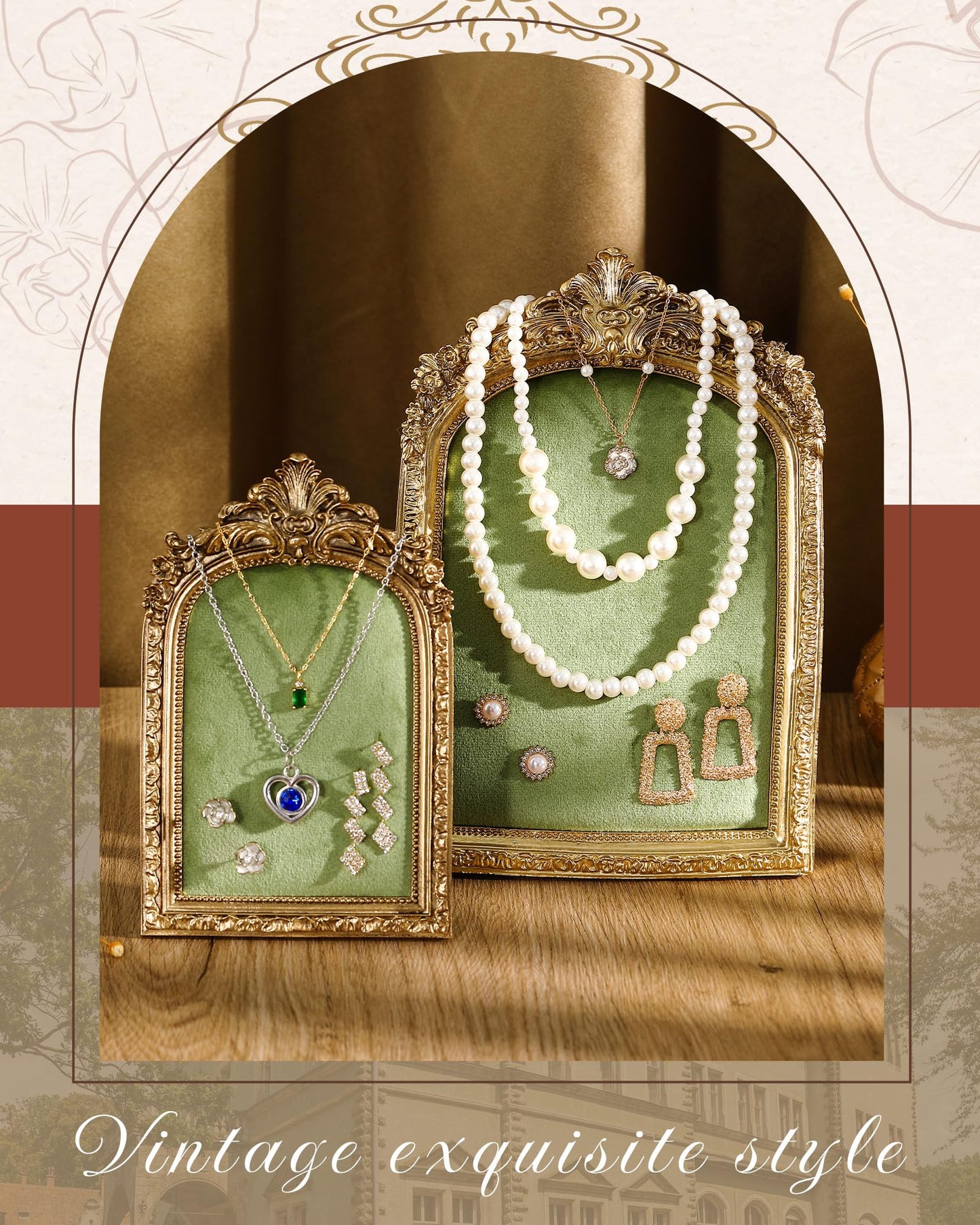Wonderjune 2 Pcs Gold Jewelry Display Stand Vintage Necklace Organizer Ring Holder Earring Tray Resin Jewelry Photography Props Frame with Velvet Backing for Gifts(Green,Large,Small,Elegant)