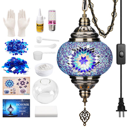 BOHMR DIY Turkish Mosaic Lamp Kit, 7.2"D Plug-in Stained Glass Pendant Hanging Lamp Making Kit with 15ft Cord-No Skills Needed,Mosaic Art & Craft Project Kits for Adults&Teens, Make Your Own Lamp,Blue