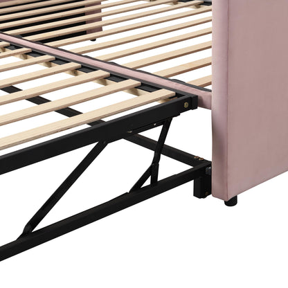 Brisca Twin Velvet Upholstered Daybed with Pop Up Trundle,Extendable Wooden Bed Frame,W/Backrest and Armrests, King-Size,for Living Room Apartment,Pink