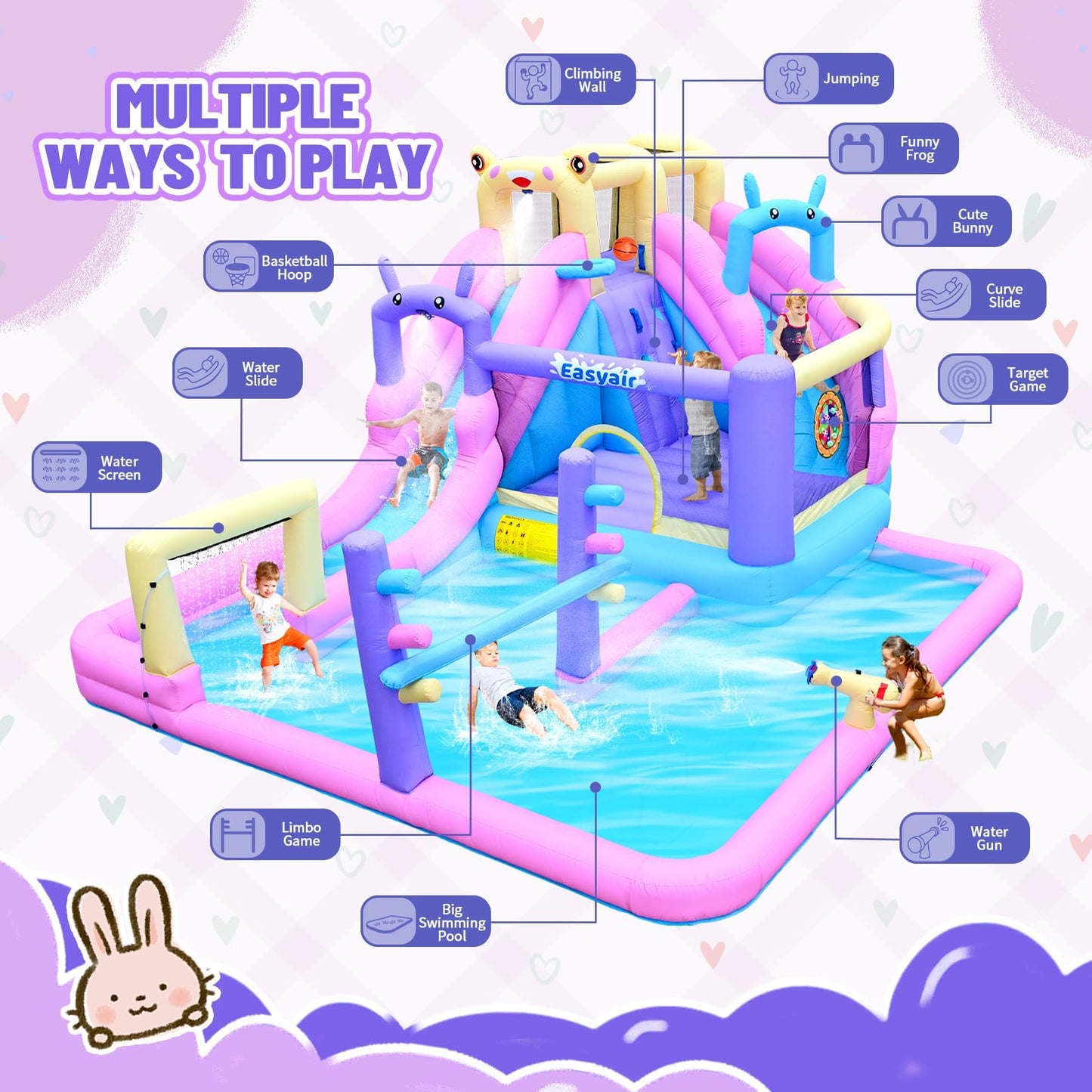 Easyair Inflatable Bounce House Water Slide Combo, Blow Up Water Slides for Backyard, Kids Jumper with Climbing Wall, Basketball Hoop, Splash Pool with Blower