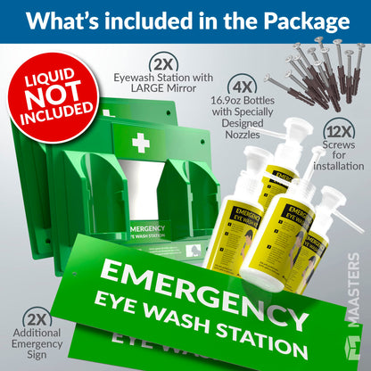 MAASTERS BPA Free Portable Eye Wash Station OSHA Approved - Wall-Mounted First Aid Eye Wash Kit w/Mirror & 2X 16oz Empty Bottles - No Eye Wash Solution Included - Emergency Eyewash - Set of 2