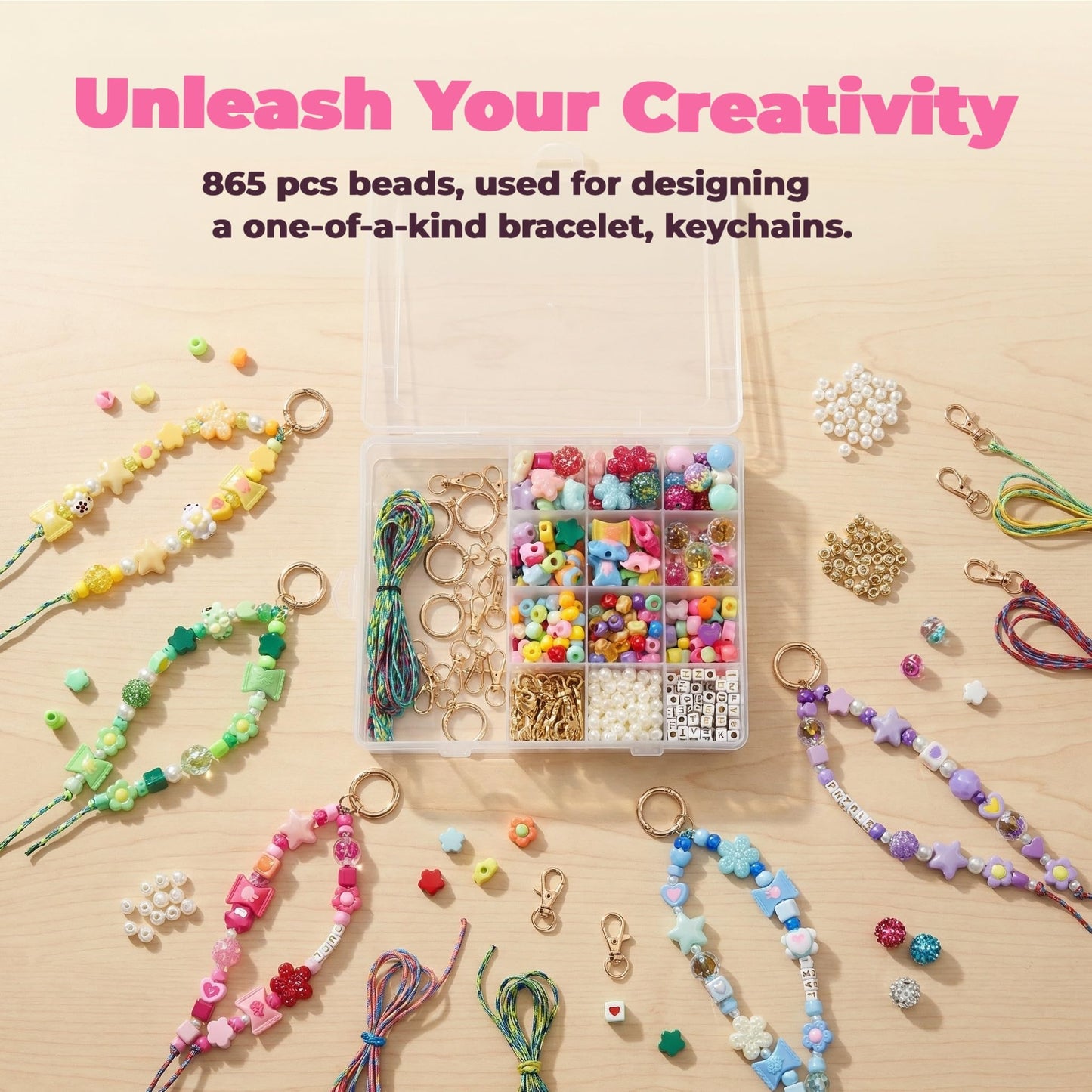 DIY Bag Charm Kit Keychain Makinhg Kit Acrylic Keychain Charms 865pcs Jewerly Making Kit Birthday Gift, Phone Charm Gift for Girls and Boys Friendship Bracelet Kit