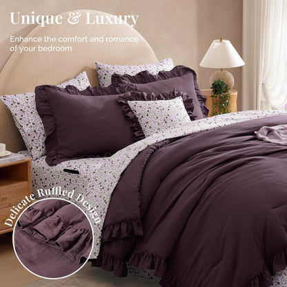 BLOOMHAVEN Queen Comforter Set - 7 Pieces Ruffle Purple Bedding Sets, Shabby Chic Farmhouse Bed in a Bag Queen with Ruffle Comforter, Floral Sheets, Pillowcases & Shams