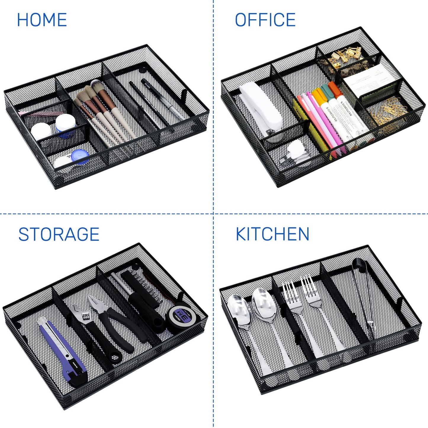 Neudeco Desk Drawer Organizer, 4 Pack Metal Mesh Drawer Organizer Set with Adjustable Dividers, Stackable Pen Organizer for Desk Drawer, Office Supplies Organizer, Black