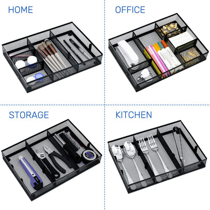 Neudeco Desk Drawer Organizer, 4 Pack Metal Mesh Drawer Organizer Set with Adjustable Dividers, Stackable Pen Organizer for Desk Drawer, Office Supplies Organizer, Black