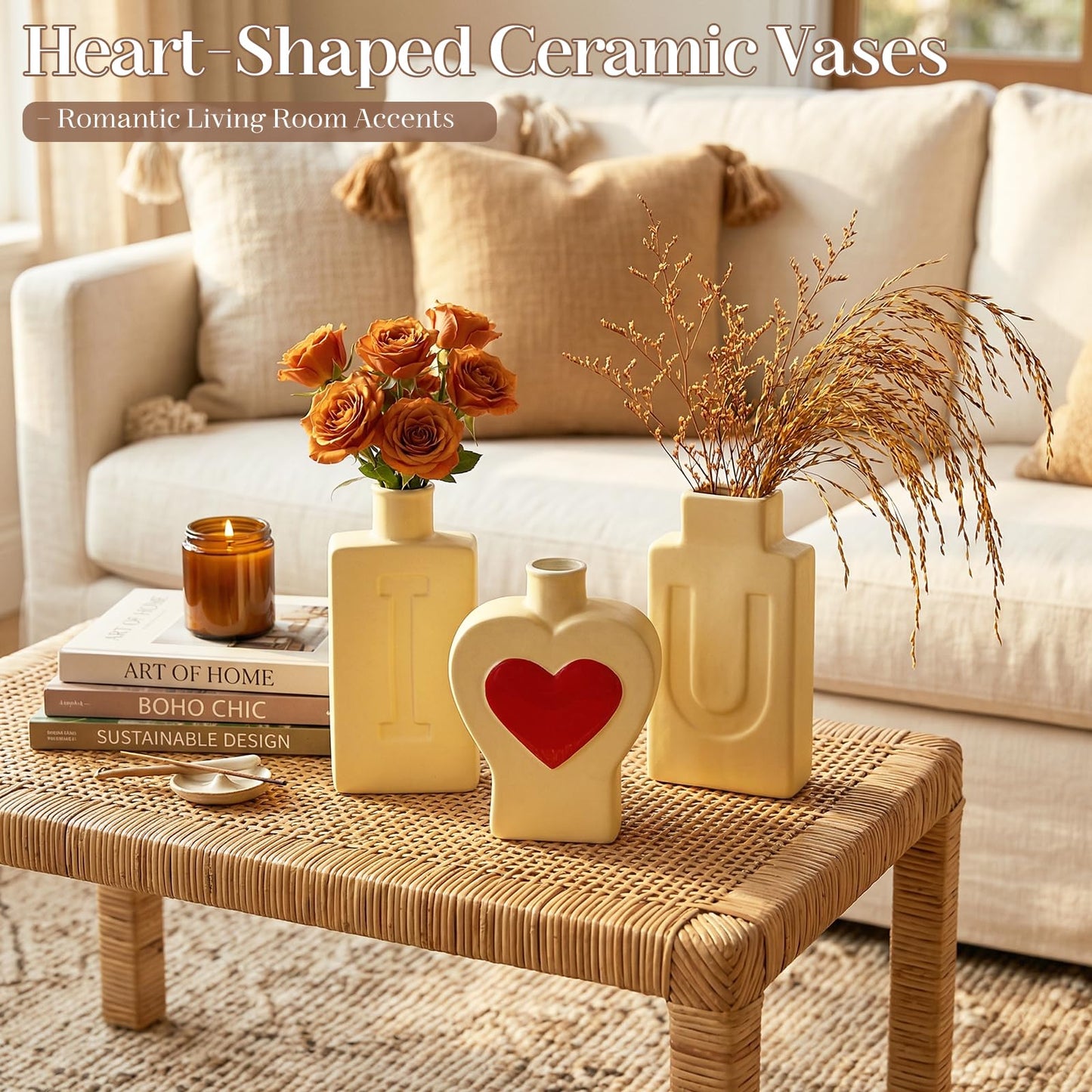 Ceramic Vase Set of 3, I Love U Matte Ceramic Vases for Home Decor, Romantic Decorative Flower Vases for Shelf, Bedroom, Coffee Table, Wedding Yellow Heart