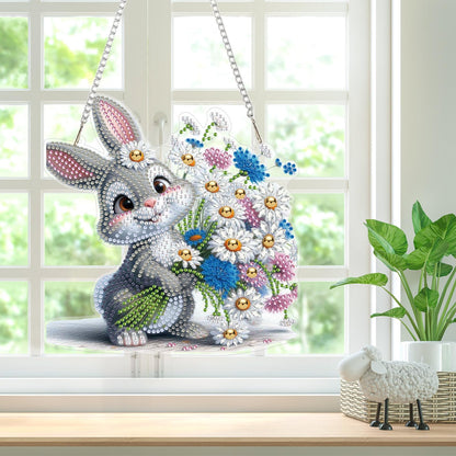 Bowetile Rabbit Diamond Art Hanging Kits for Adults, Diamond Art Suncatchers Bunny, 5D Special Shape Diamond Painting Flowers Pendant Window Ornament Easter Gifts for Home Wall Decor
