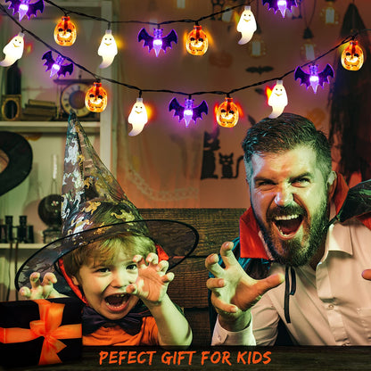 Mosoan Halloween Lights, 20Ft 30 LED Pumpkin Ghost Bat String Lights Battery Operated with Timer, 8 Light Modes Halloween Fairy Lights for Indoor Outdoor Party Home Yard Window Decor