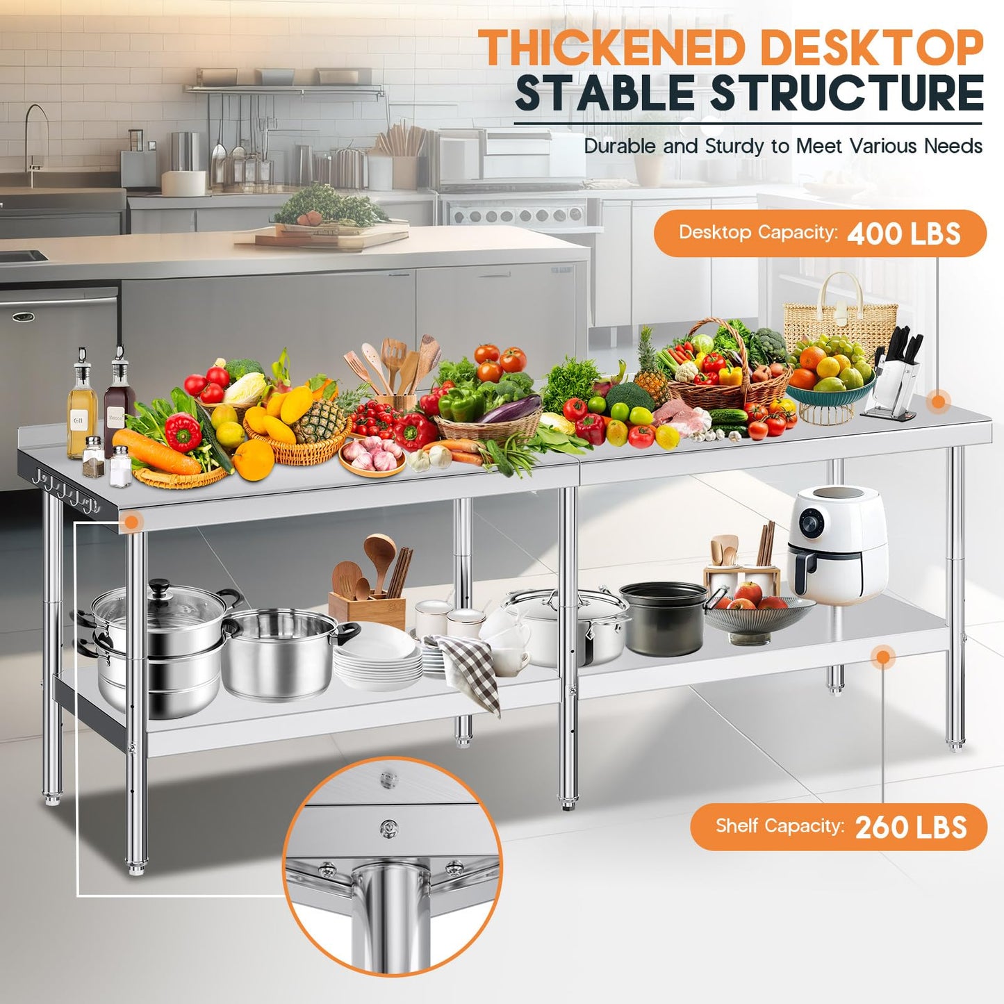 Jocisland 30" x 96" Stainless Steel Table for Prep & Work, Food-Grade Stainless Steel with Backsplash, Adjustable Under Shelf & Safe Design for Restaurant, Home and Outdoor