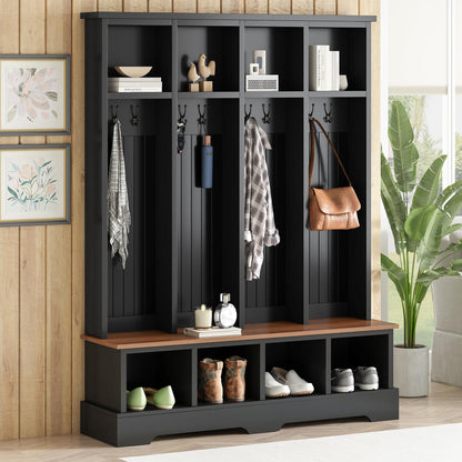 Merax Farmhouse Hall Tree with Bench and Shoe Storage, 59" Entryway Bench with Coat Rack, 3-in-1 Hall Tree with Top Compartments and 8 Hooks for Hallway, Living Room, Black