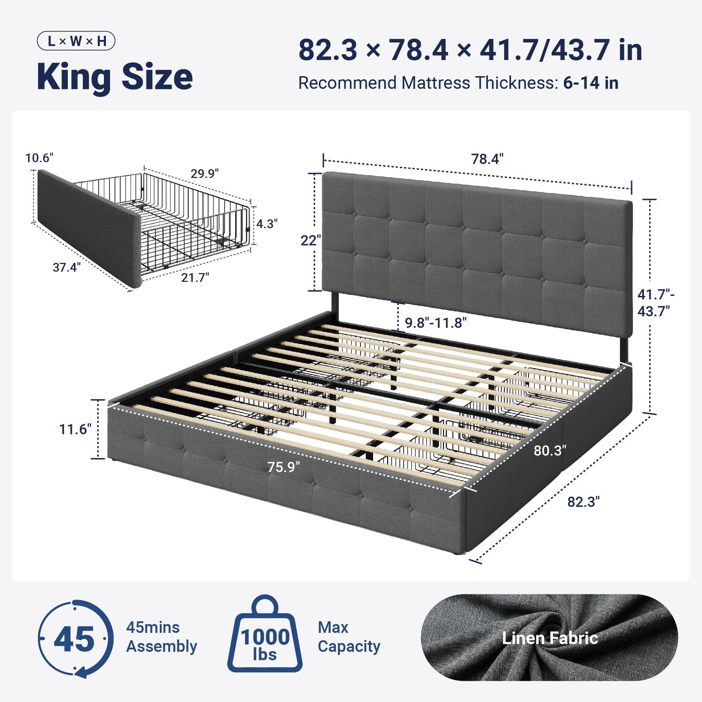 Allewie Upholstered King Size Platform Bed Frame with 4 Storage Drawers and Headboard, Square Stitched Button Tufted, Mattress Foundation with Wooden Slats Support, No Box Spring Needed, Light Grey