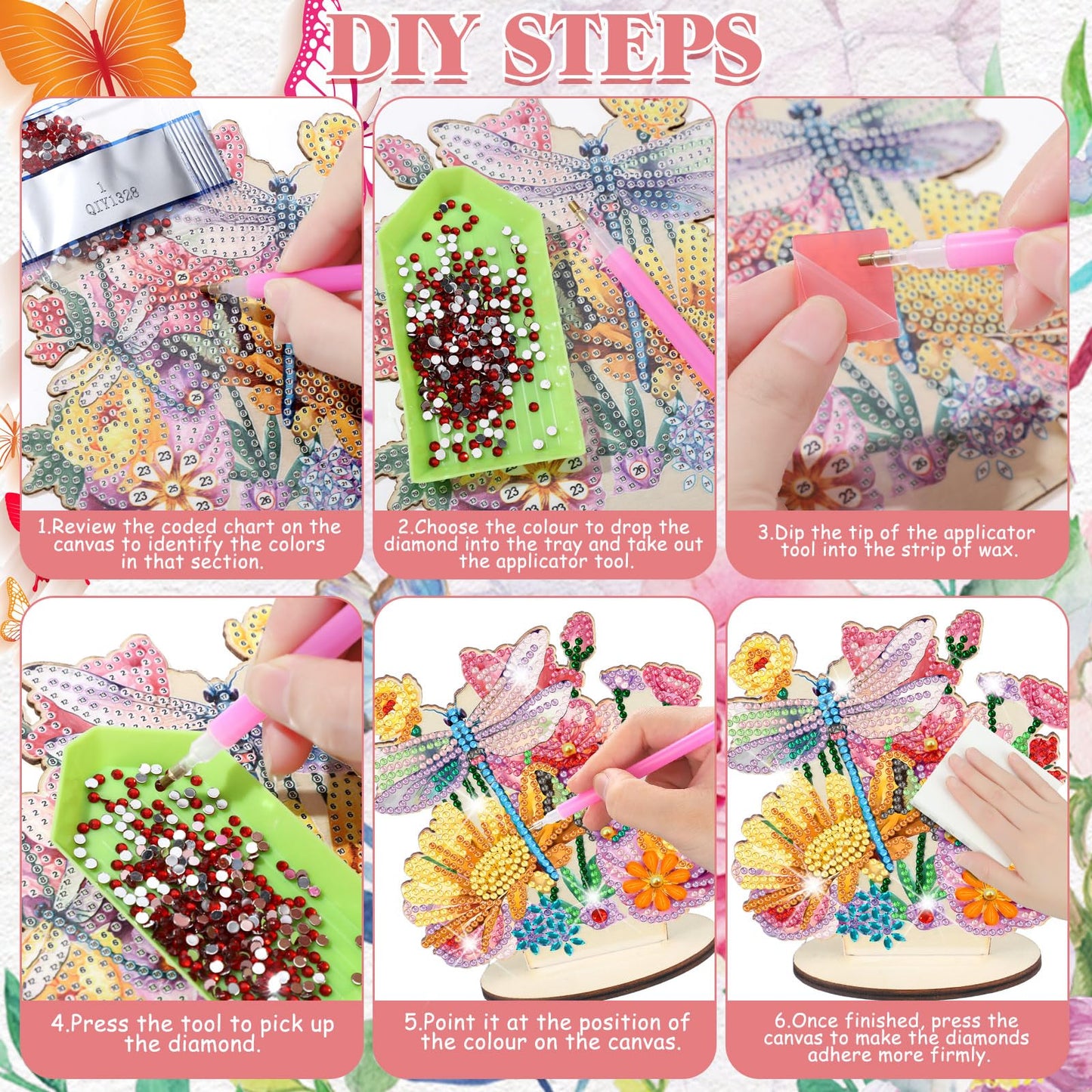 Cinnvoice 6 Pcs Diamond Art Tabletop Decorations Diamond Painting Centerpieces Dragonfly DIY Flower Desktop Art Ornaments for Table Tabletop Decor (Butterfly)