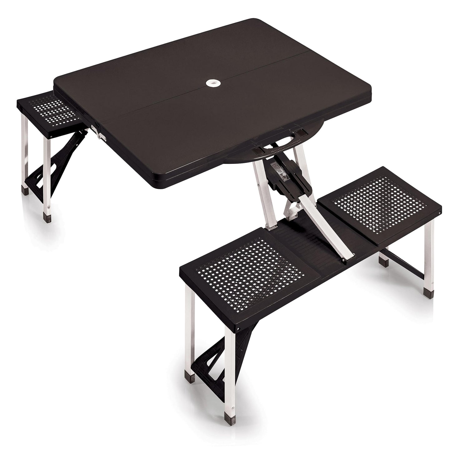 PICNIC TIME Picnic Table Portable Folding Table with Umbrella Hole and Bench Seats for Four for Tailgating, Picnics, and Beach, Collapsible to Suit-Case Style for Easy Transport, Lightweight, (Black)