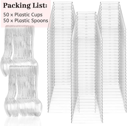 50 Pack 3.5 oz TOFLEN Plastic Dessert Cups with Spoons, Irregular Square Mini Dessert Bowls for Party Trifle, Yogurt