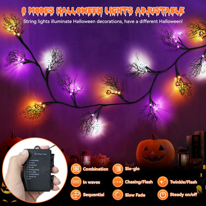 6 FT 54 LED Halloween Lights, 8 Modes & Timer Battery Operated Halloween Pumpkins Bats Ghosts Lights with Willow Vine Twig, 3D Waterproof Decorations Lights for Indoor Wall Party Fireplace Mantle