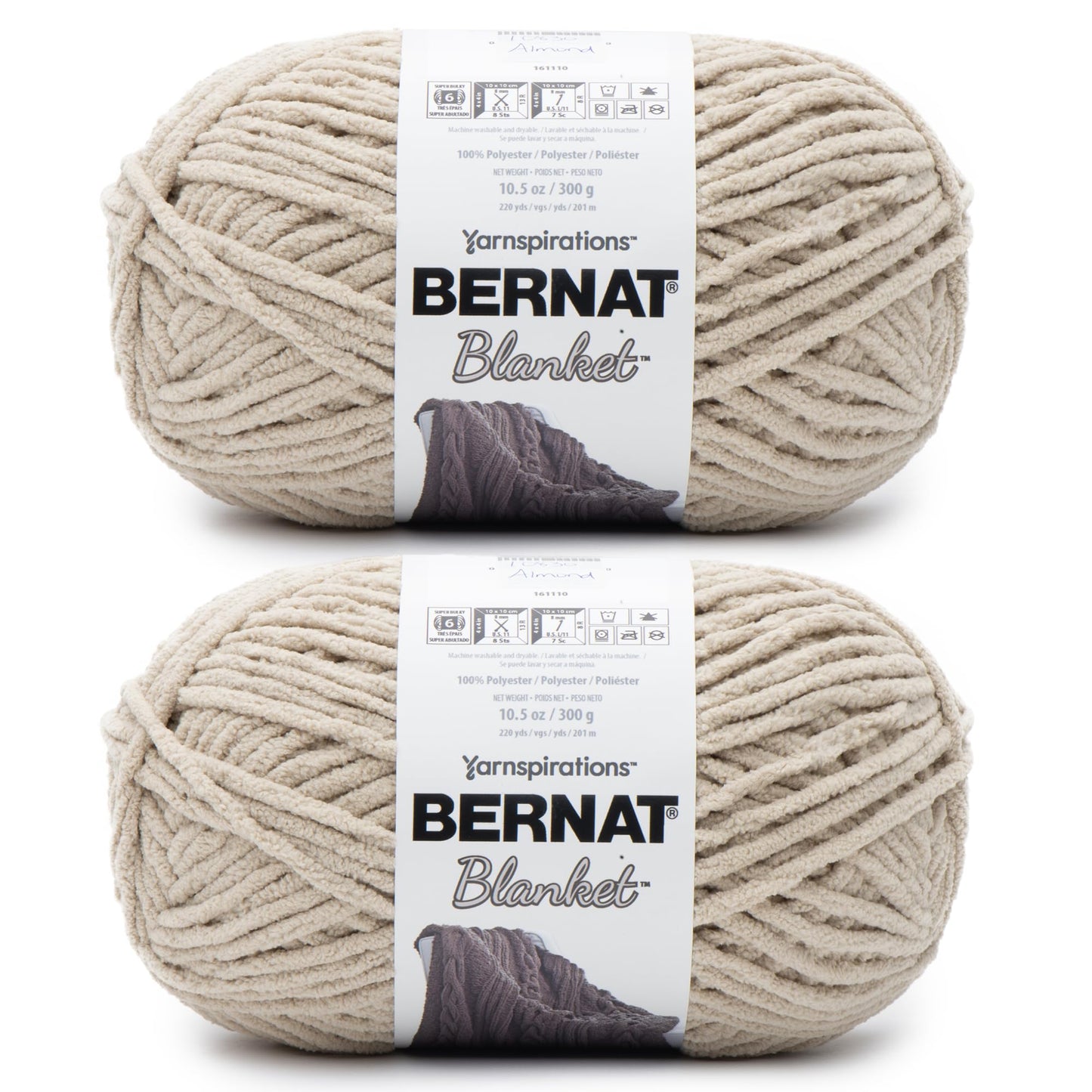 Bernat Blanket Super Bulky Acrylic Yarn - 2 Pack of 300g/10.5oz #6 Chunky Chenille Heavy Weight Yarn for Knitting and Crocheting, Amigurumi, Thick Blankets (Almond, 220 Yards 2-Pack)