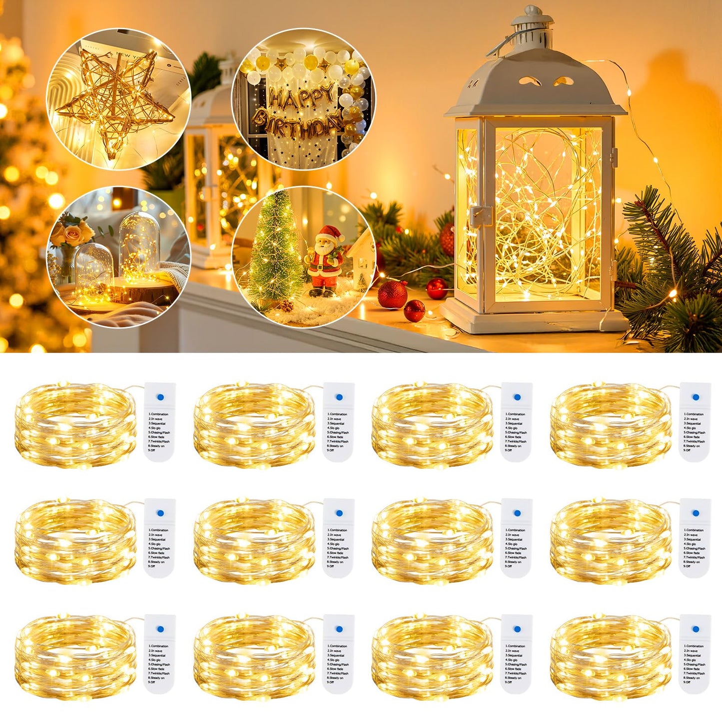 Minetom 12 Pack Fairy Lights Battery Operated String Lights 8 Modes, 7ft 20LED Warm White Waterproof Silver Wire Twinkle Lights, Firefly Starry Moon Lights for Mason Jars DIY Christmas Wedding Party