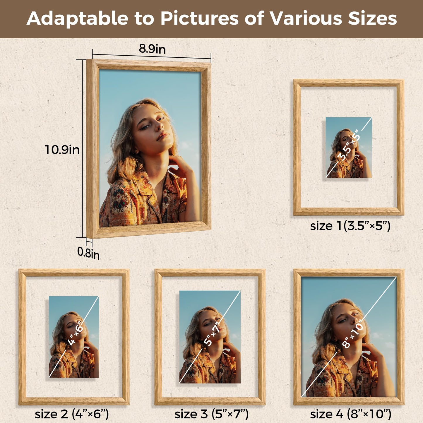 Axeman 8x10 Floating Picture Frame - Solid Oak Wood Picture Frame, Double Tempered Glass Photo Frame 2x3 4x6 5x7 6x8 8''x10'' Wood Frame, Wall Mount Or Tabletop Standing, Natural