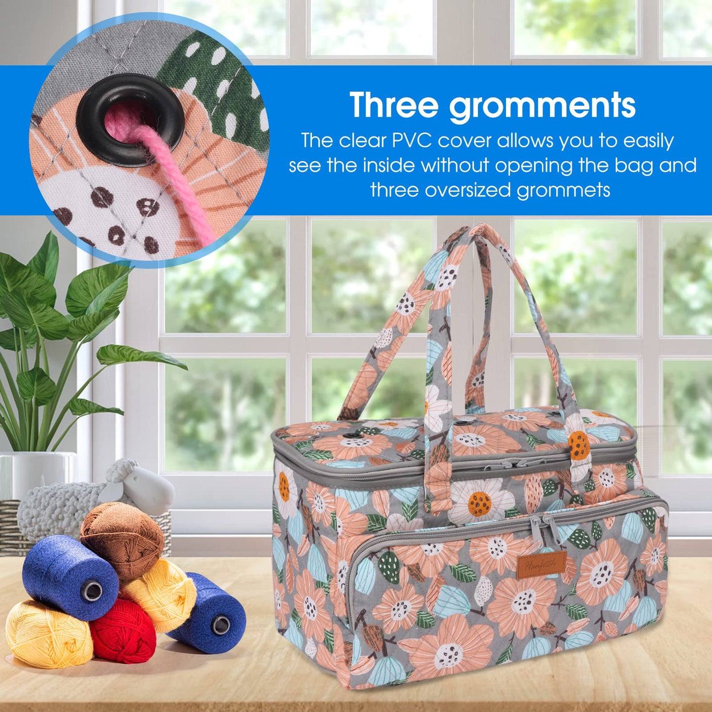 Hanfetch Yarn Bag-Large Size-Yarn Storage Organizer with Grommets-Portable Crochet Bag for Yarn Skeins-Crochet Hooks-Knitting Needles -Other Accessories (Flower-Grey)