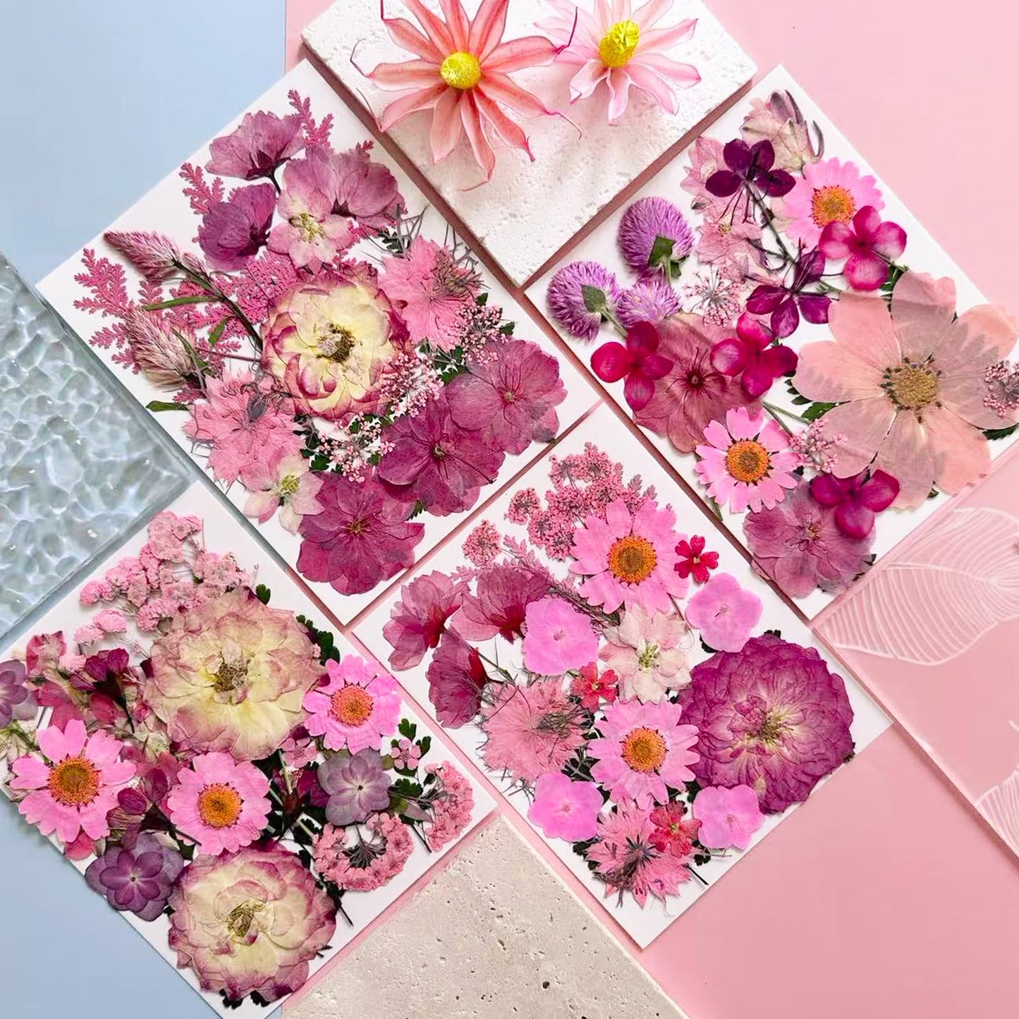 LUCISKY 132Pcs Pink Pressed Dried Flowers and Butterfly for Resin Molds, Real Natural Bulk Dry Floral Leaves Stickers for DIY Art Crafts, Jewelry, Candle, Soap Crafts Making