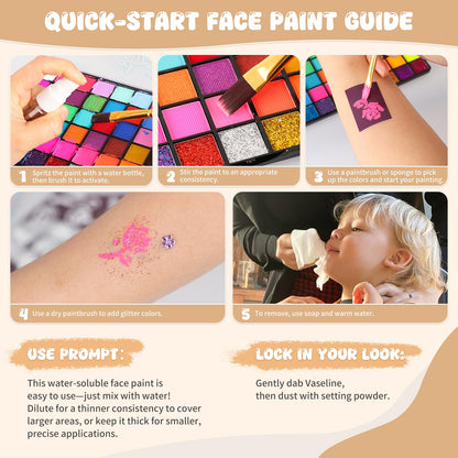 Pintada 54 Color Face Painting Kit for Kids - Non Toxic Water Activated Face Paint Palette with Stencils, Brushes, Gems & Book. For Halloween, Carnival, Party; Costume Makeup for Creative Activities