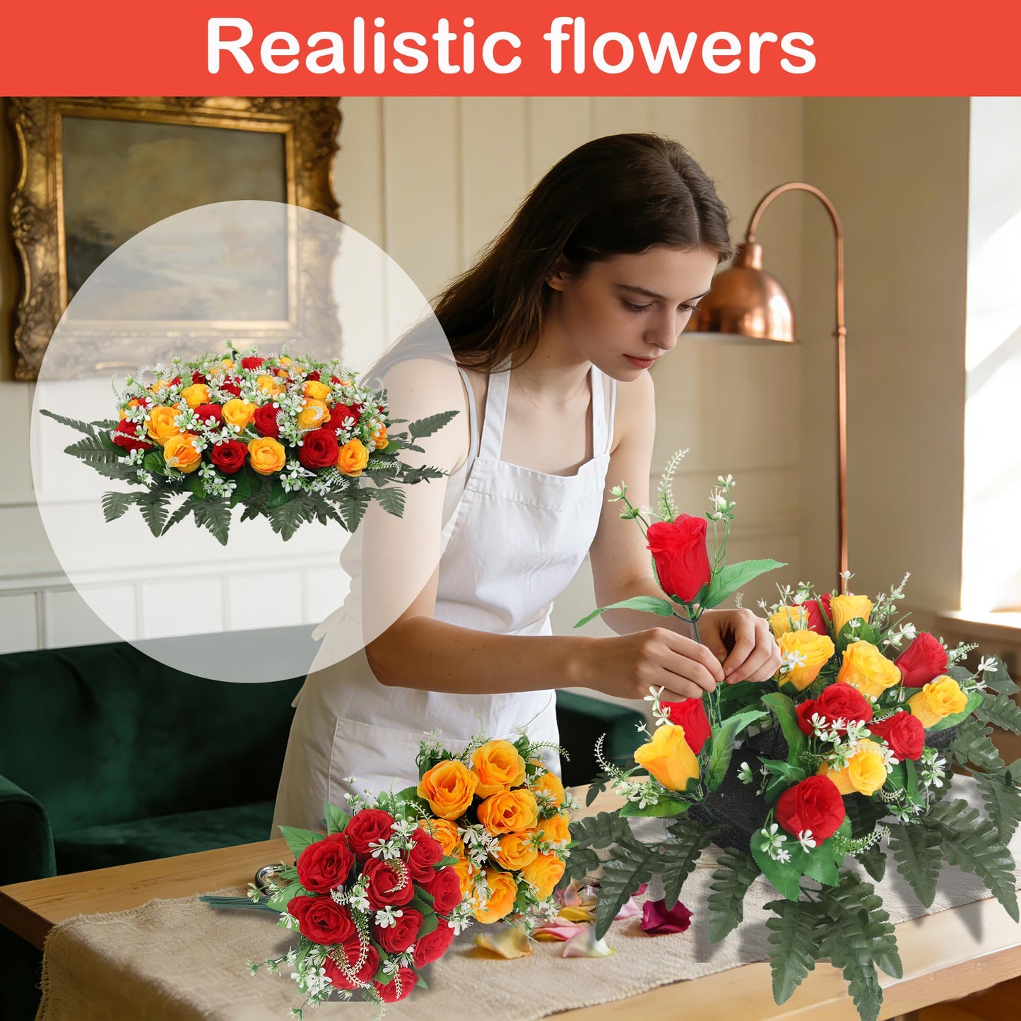 Lodou Artificial Cemetery Flower Saddles for Graves – 10 Pcs Silk Fern & 40 Realistic Rose Blossoms with Metal Headstone Holder –Resistant Memorial Flowers for Tombstone Decor (Red Yellow)