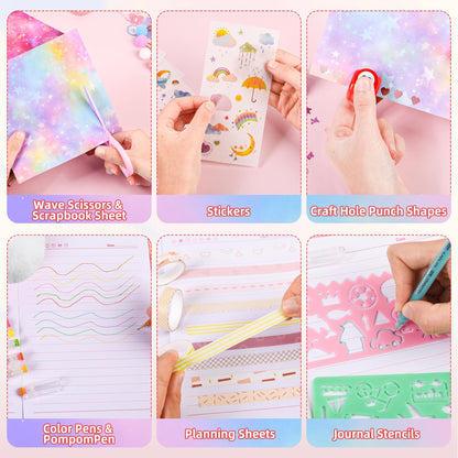 LiYiQ Plush Panda Diary Gift Travel Journal Secret Diary with Scrapbook Paper Stickers Journal Stencils Pompom Pen and Washi Tape Practical Set Gift for Birthday Christmas