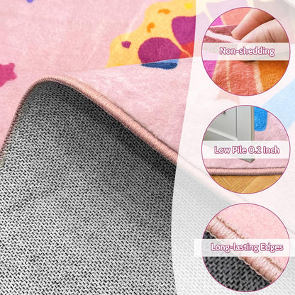4ft ABC Kids Alphabet Round Rug Washable Soft Circle Nursery Rug, Non-Slip Educational Carpet with Pink Butterfly