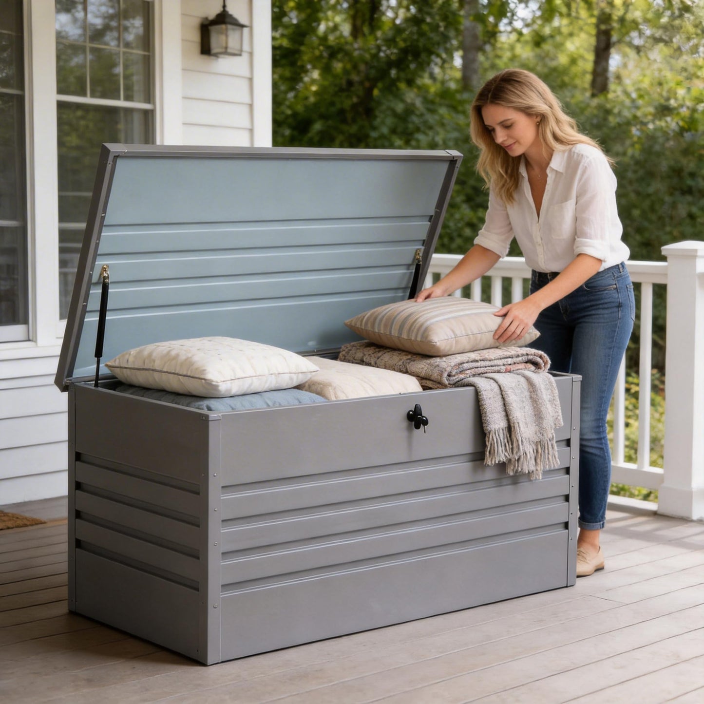 Zolyndo 260 Gallon Metal Deck Box, Extra Large Metal Patio Outdoor Storage Box with Lockable Lid, Waterproof Garden Storage for Cushions Pool Accessories Tools Light Gray