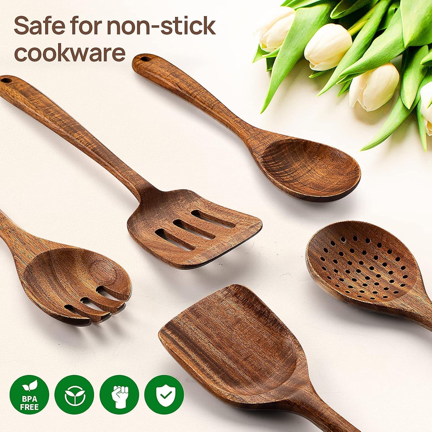 Kitchen Wooden Spoons Utensils Set, 5 Piece Acacia Wood Cooking Utensils for Nonstick Cookware Essentials