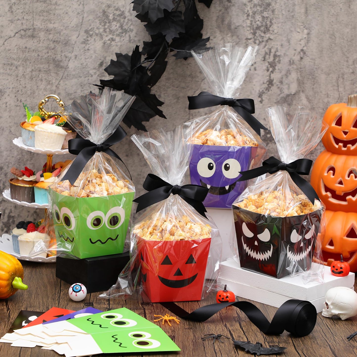 Pajean 24 Sets Halloween Popcorn Boxes with Cellophane Bags and Ribbon, 4.72''x 4.72''x 3.54'' Cardboard Paper Snack Treat Goodie Gift Cookies Candy Boxes for Trick or Treat Halloween Party Favors