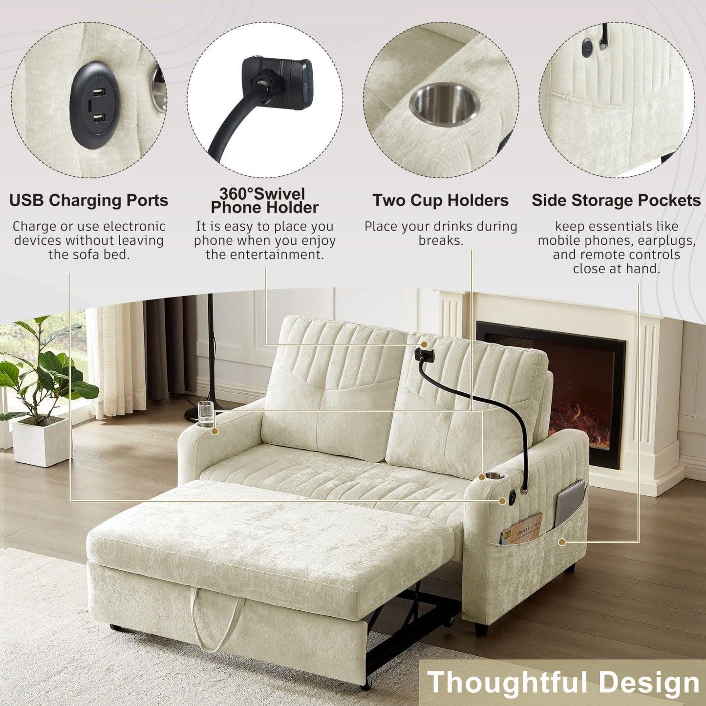 Merax Chenille 3-in-1 Pull Out Sleeper Sofa Bed Couch, 54" Convertible Futon Loveseat with Adjustable Backrest, 2 Cup Holders, Phone Stand, 3 Charging Ports and Storage Pockets for Living Room, Beige
