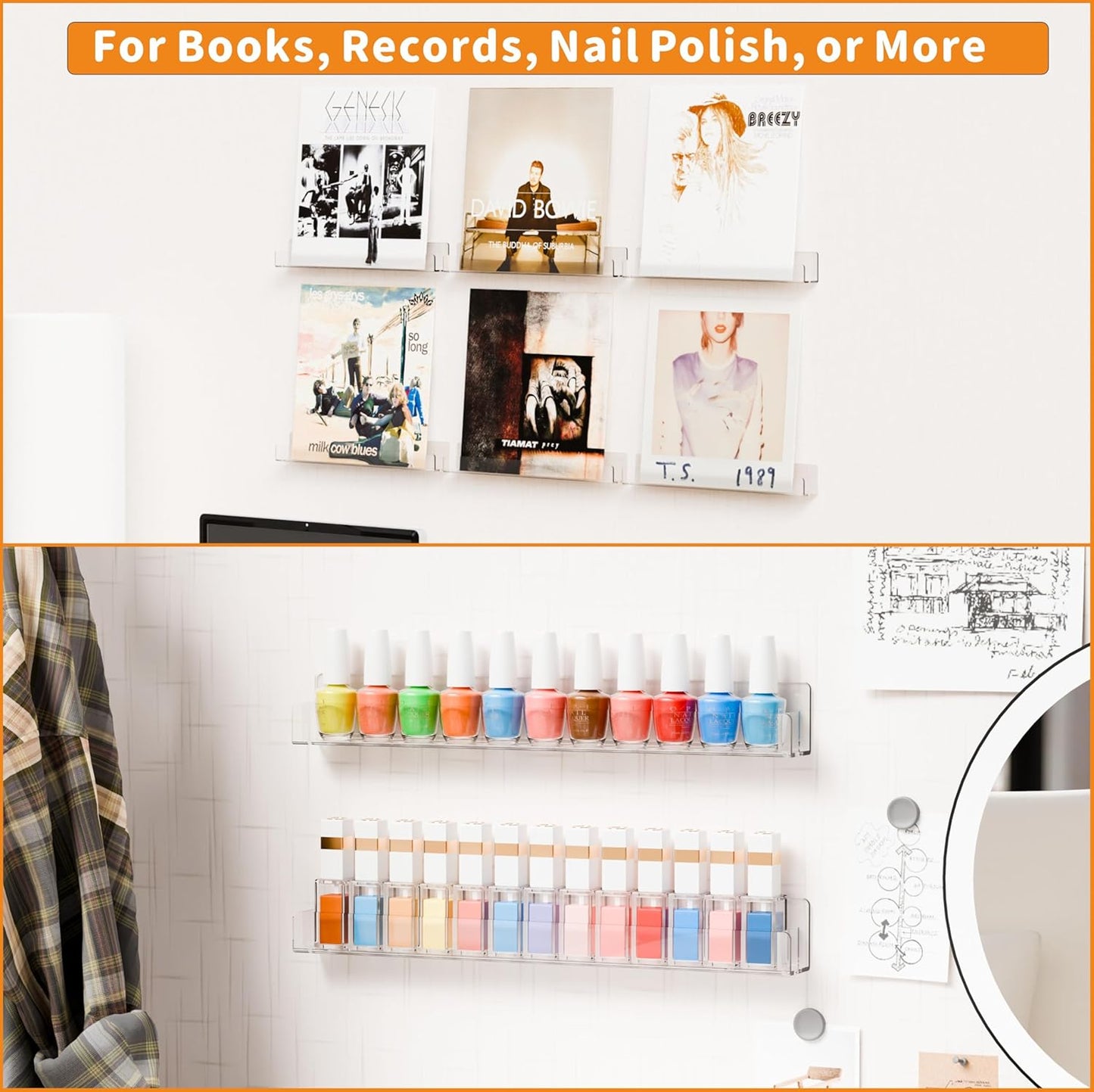 15" Shelf,Pack 6 Cq acrylic Invisible Clear Floating Bookshelf - Hanging Wall Mounted Display Shelf for Kids Room