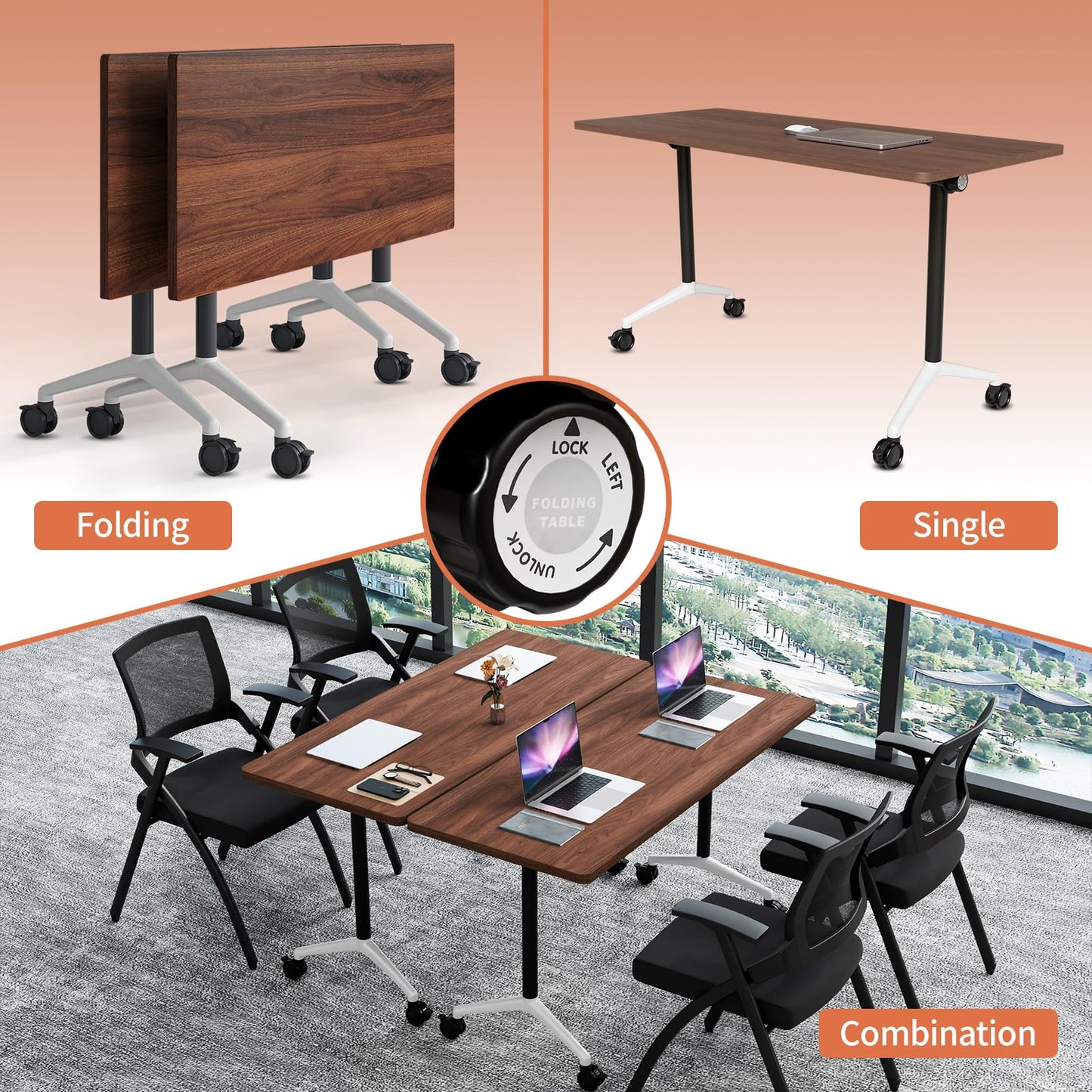 JNMDLAKO Conference Table 8 ft, Folding Conference Room Tables On Wheels - Mobile Rectangle Large Meeting Seminar Tables,Flip Top Mobile Training Room Table for Office Business Classroom