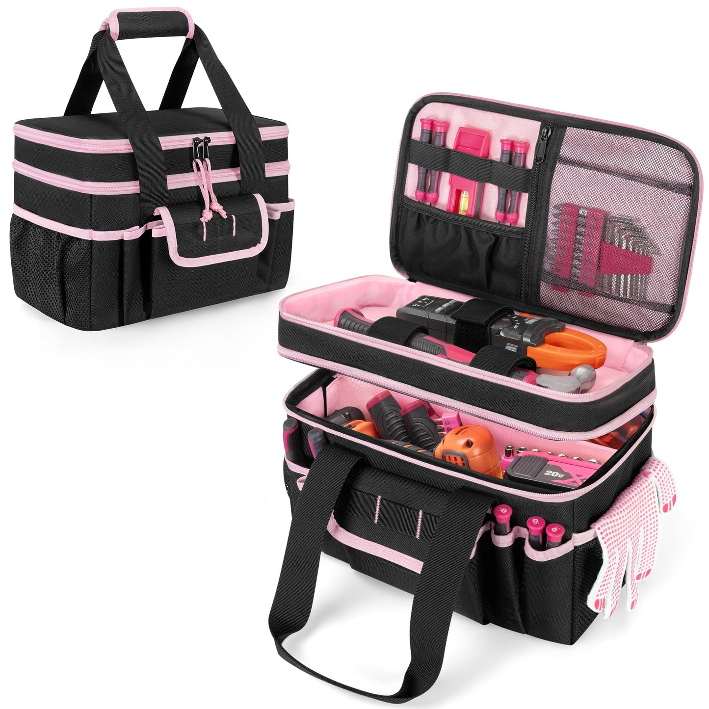 Trahzia Tool Tote Bag for Women, Double Layer Tool Storage Organizer Bag with Divider for Electrician, Carpenters, Repairman, Black