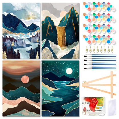 Muzagroo Art 4 Pcs Paint by Numbers Kits for Adults Framed Canvas with Wooden Easel DIY Abstract Landscape Acrylic Oil Paintings Kits Paint by Numbers on Canvas Wall Art (8x12 inch)