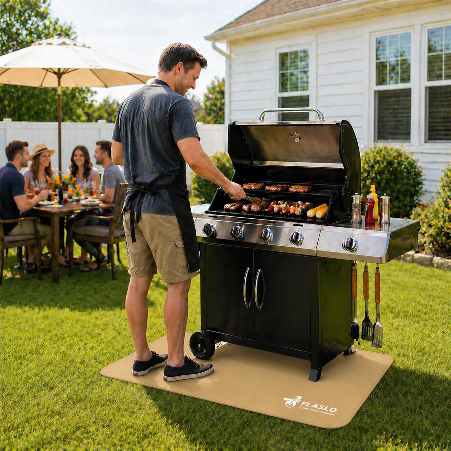 FLASLD Large Under The Grill Protective Deck and Patio Mat, 32 x 60 inches Oil-Proof, Fireproof Indoor Fireplace Mat Prevents Ember Damage Wood Floor, Khaki