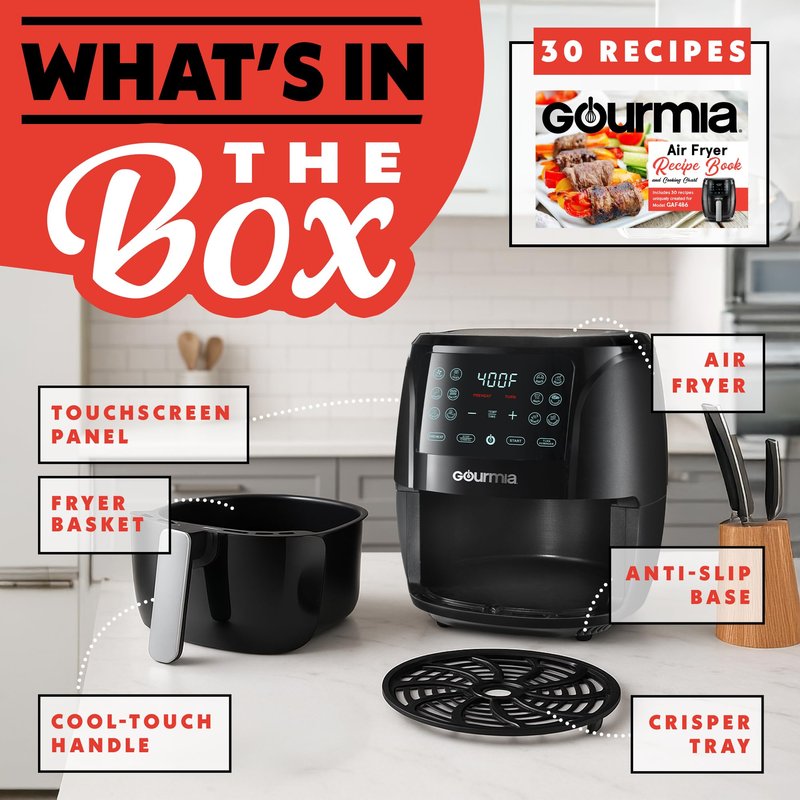 Gourmia Air Fryer - 6 Qt Large Capacity, FryForce 360º, Digital Display with 12 Presets, Roast, Bake, Broil, Dehydrate, Dishwasher Safe Accessories, Black