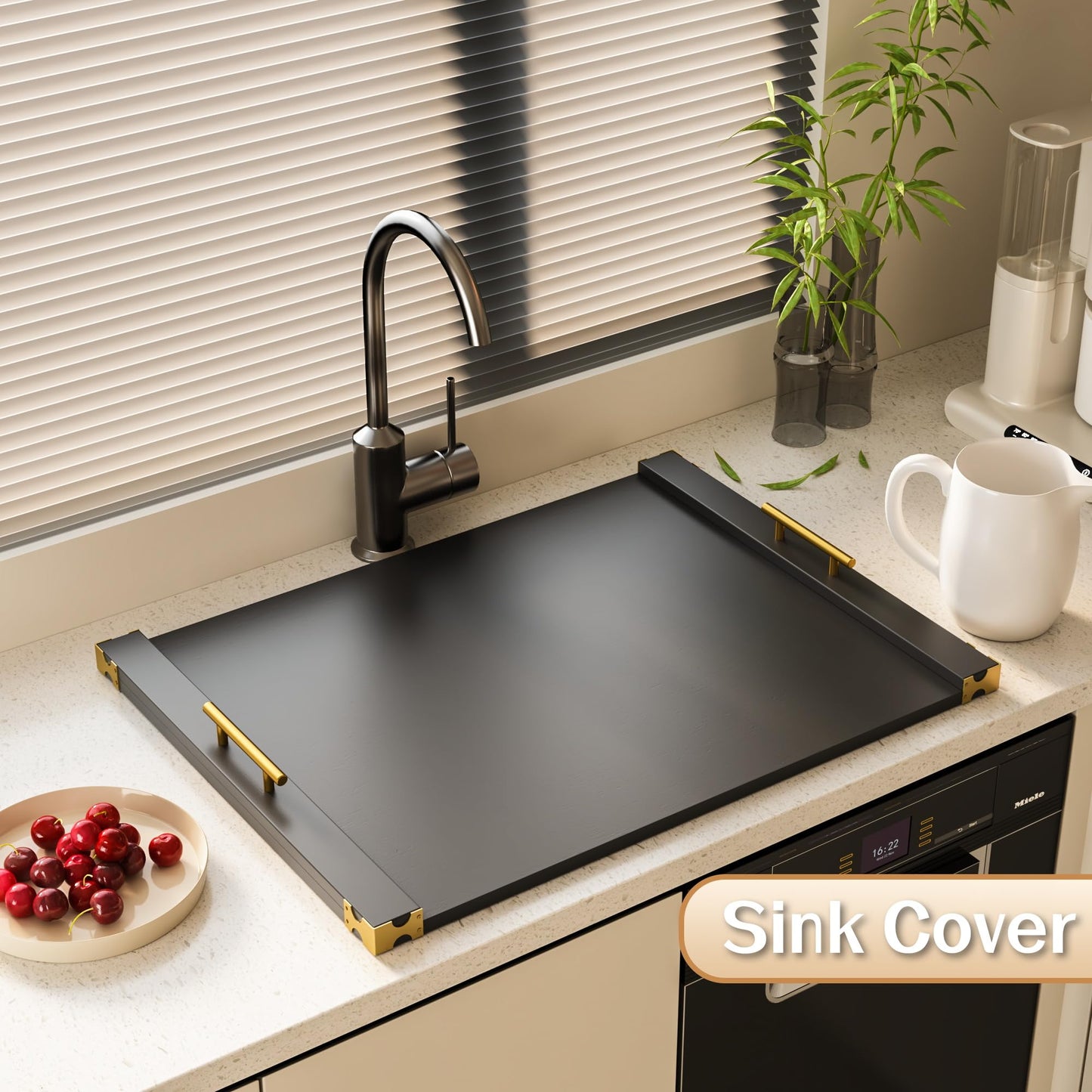 Noodle Board Stove Cover for Gas Stovetop, Bamboo Stove Top Covers for Electric Stove and Gas Burners with Handles Kitchen Sink Cover for Counter Space Decorative Serving Tray Black (29.53"x22.05")