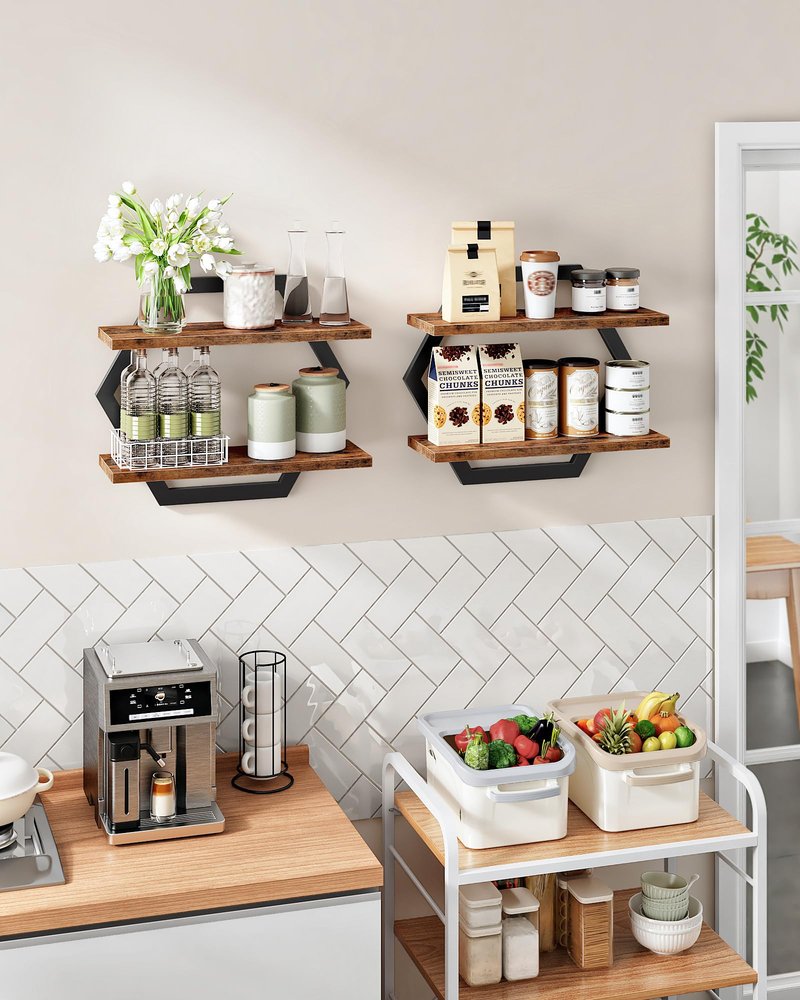 CHOEZON Hexagon Floating Shelves for Wall, Set of 2, 2 -Tier Hanging Shelves, Wall Mounted Storage Shelves, for Living Room, Bedroom, Kitchen, Home Office, Study, Rustic Brown and Black TBJ06P2BF