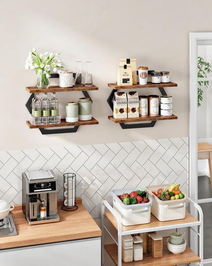 CHOEZON Hexagon Floating Shelves for Wall, Set of 2, 2 -Tier Hanging Shelves, Wall Mounted Storage Shelves, for Living Room, Bedroom, Kitchen, Home Office, Study, Rustic Brown and Black TBJ06P2BF