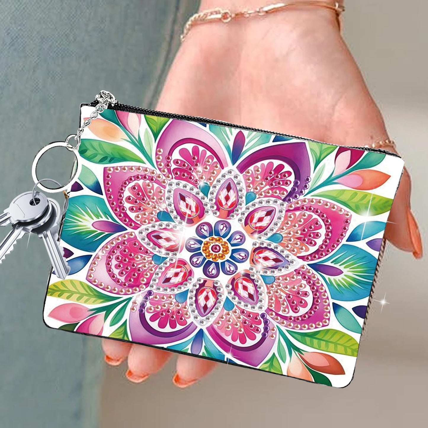 JZHYOAN Flower Diamond Painting Coin Purse for Women Mandala Gem Art Coin Pouch Mini Storage Bag for Cards Keys Lipsticks DIY Diamond Art Purses and Wallets Handbags Wallet Keychain with Zipper Craft