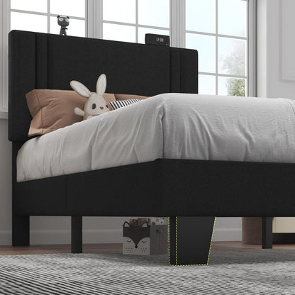 Feonase Twin Platform Bed Frame, Fabric Upholstered Twin Bed Frame, Solid Wood Slats & Heavy Duty Feet Support, No Box Spring Needed, Noise-Free, Easy Assembly, Black