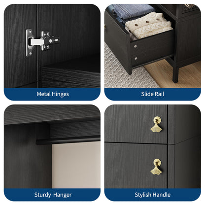 78.9" Armoire Wardrobe Closet with Shelves and Hanging Rod, Large Fixed Compartment for Bedding & Luggage, Open Design of the Hanging Area, Metal Frame Wardrobe Cabinet for Bedroom (1 Drawer, Black)