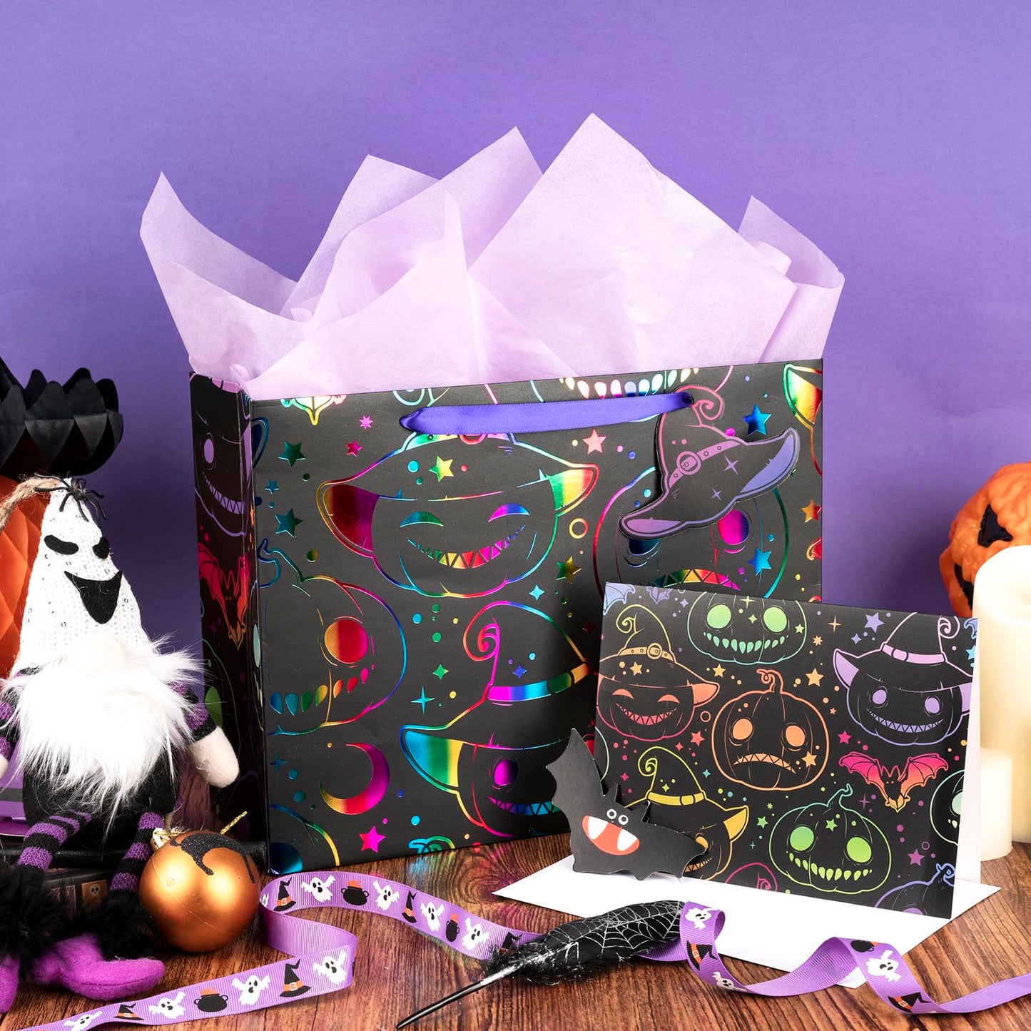 LeZakaa Halloween Pumpkin Wrapping Paper Roll, 13" Gift Bag with Tissue Paper, Gift Tag, and Card, Evil Pumpkin Fluorescent Black Design for Halloween, Holidays, Party