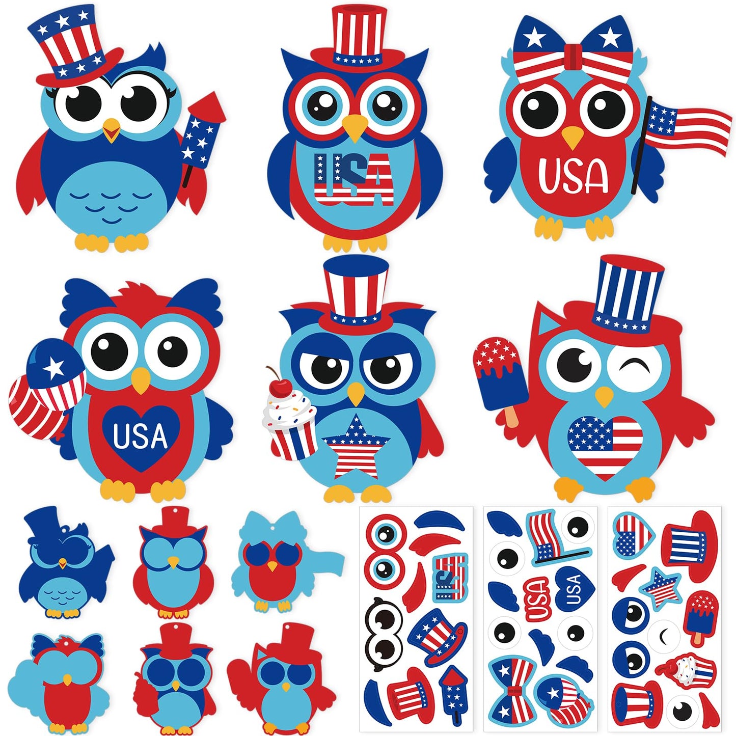 PAIVSUN 24Pcs 4th of July Crafts for Kids, DIY Owl Stickers Crafts Kit, Make Your Own Patriotic Arts Activity, Memorial Independence Day Decorations Gifts for Classroom Home Party Supplies