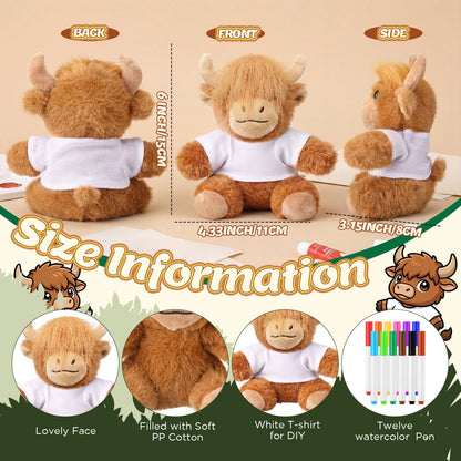Blueweenly 24 Pcs 6 Sets Make Your Own Stuffed Animal Highland Cow Kit Including 6 Inches Soft Cow Plush with White T Shirt and 12 Colors Pens for Birthday Favors Forest DIY Crafting Gifts